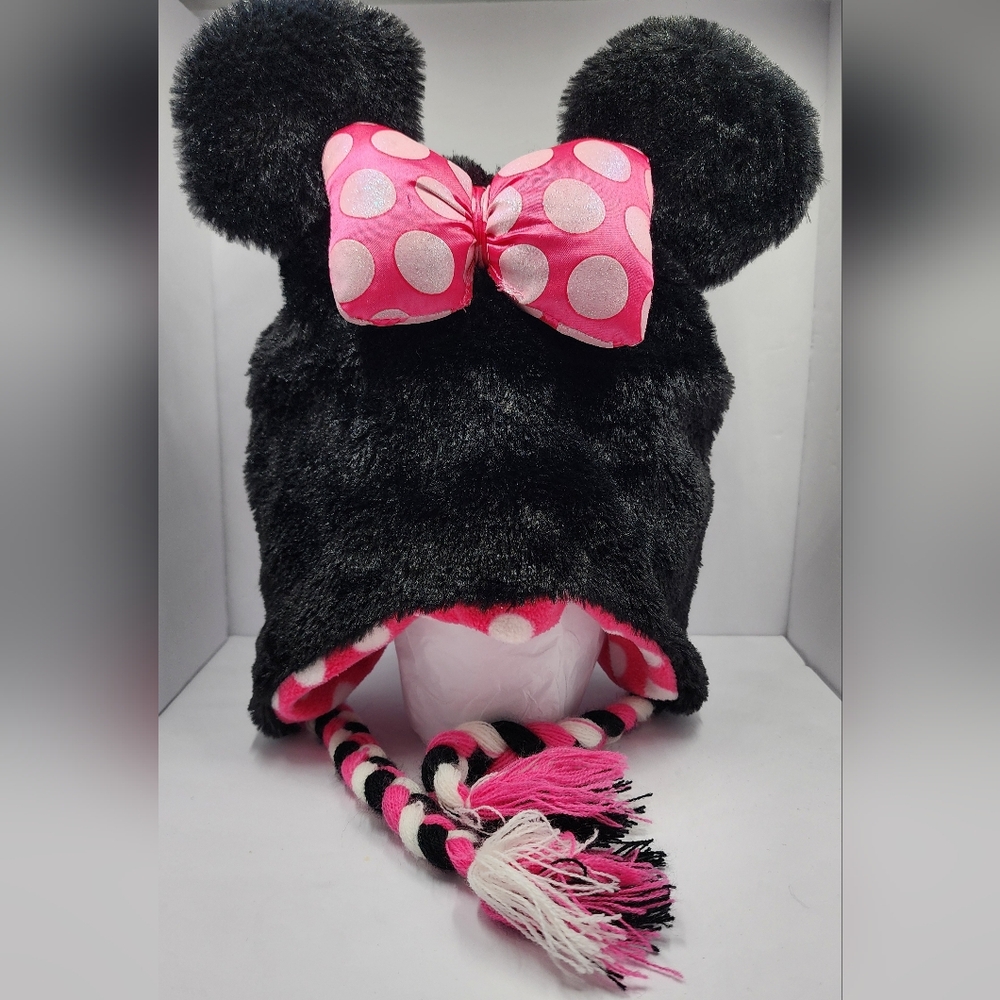 Disney Minnie Mouse Beanie Cap Hat w/Braided Ponytails & Minnie Bow • Faux Fur